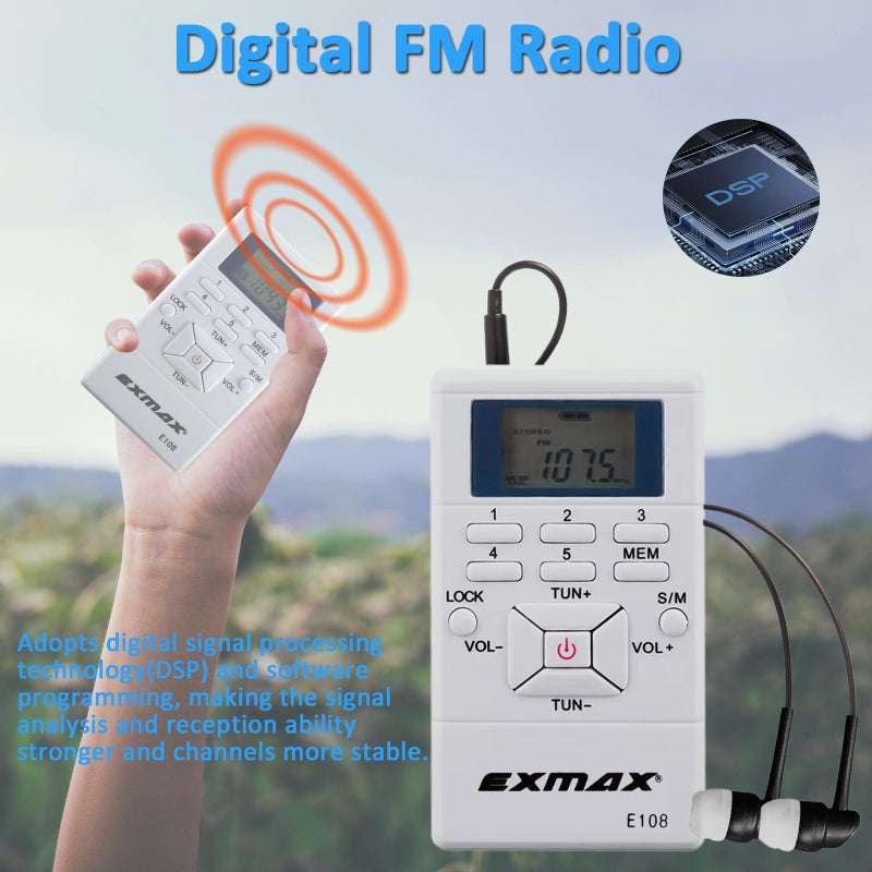 EXMAX E108 Wireless FM Radio Receiver Portable DSP Stereo Pocket Mini Receiver Digital Samll Earbuds LCD Clock for Translator Tour Guide System FM Transmitter Work - White - Image 3